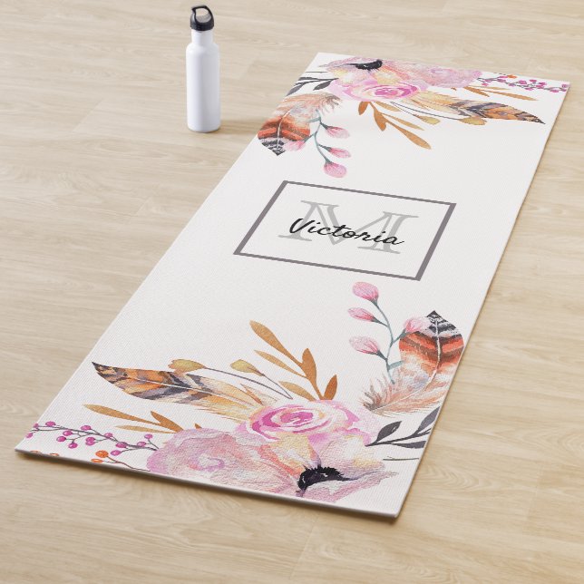Boho florals feather white pink girly monogrammed yoga mat (In Situ)
