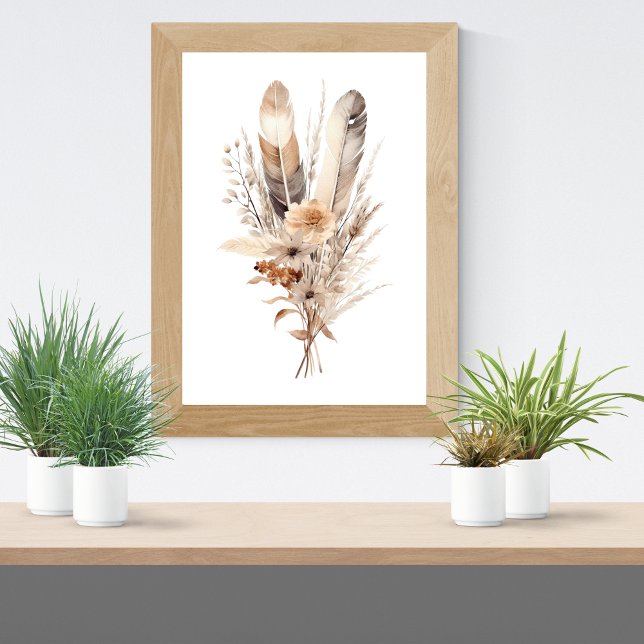 Boho Florals Grey Beige Brown Feathers Botanicals Poster (Boho Bohemian Floral Feathers Botanicals, Neutral Colors Wall Art poster  Brown Beige Cream Gray)