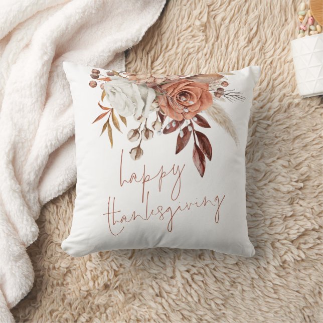 Boho  Florals Terracotta Happy Thanksgiving Cushion (Blanket)