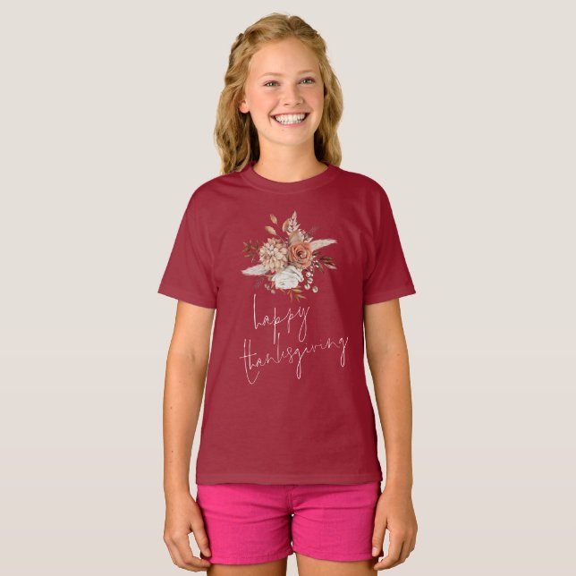 Boho Florals Terracotta Happy Thanksgiving T-Shirt (Front Full)