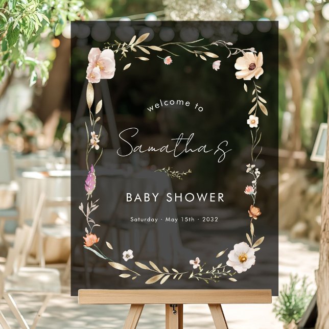 Boho Flower Baby Shower Acrylic Sign (Boho Flower - Baby Shower Custom Welcome Acrylic Sign with your Name & Date. For Baby Girl & Boy)