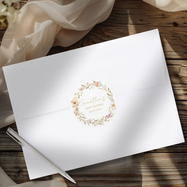 Boho Flower Baby Shower Classic Round Sticker (Boho Flower Baby Shower Custom Classic Round Sticker with your Name & Date. For Baby Girl & Baby Boy)