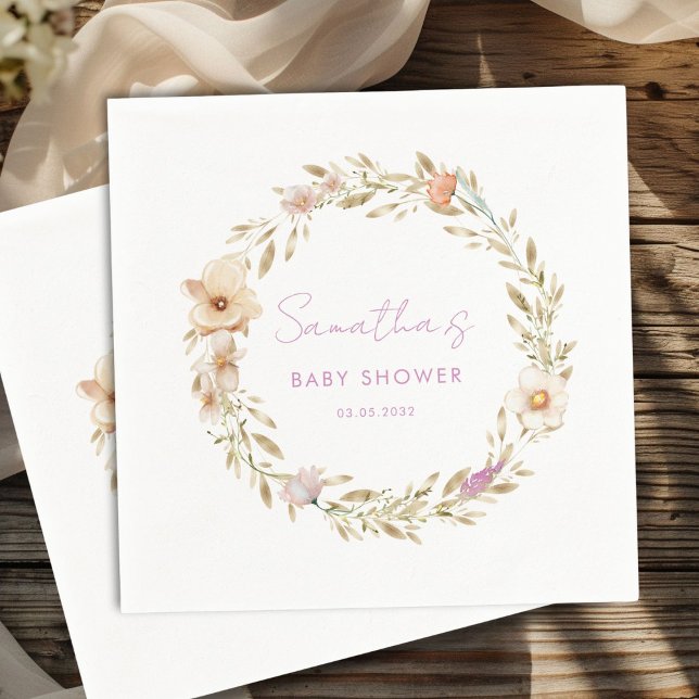 Boho Flower Baby Shower Napkin (Boho Flower Baby Shower Custom Napkins with your Name & Date. For Baby Girl & Baby Boy.)