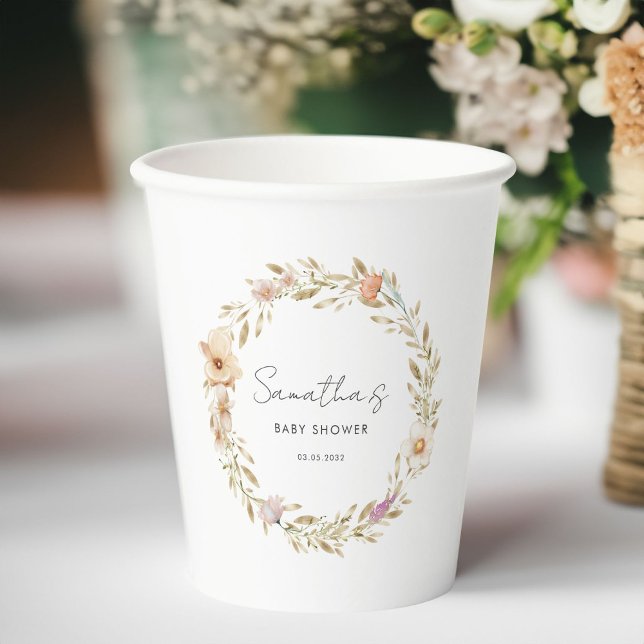 Boho Flower Baby Shower Paper Cups (Custom Boho Flower Baby Shower Paper Cups with your Name & Date. For Baby Girl, Baby Boy.)