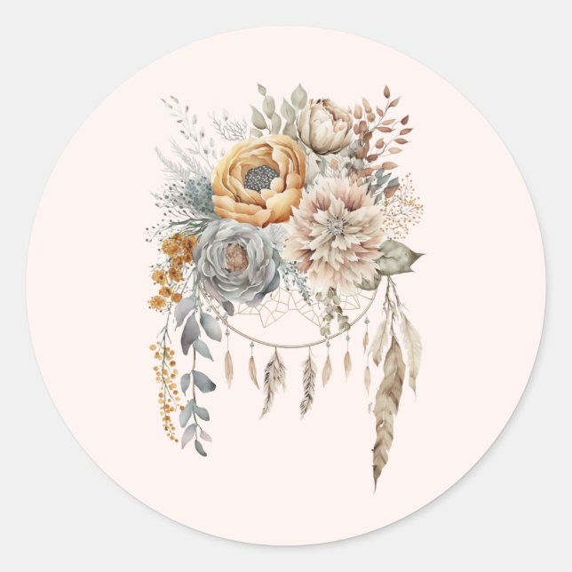Boho Flower Bouquet and Dreamcatcher Classic Round Sticker (Front)