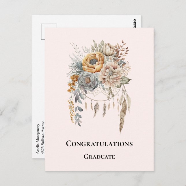 Boho Flower Bouquet and Dreamcatcher Graduation Postcard (Front/Back)