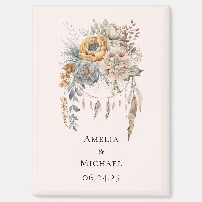 Boho Flower Bouquet and Dreamcatcher Save the Date Magnet (Front)
