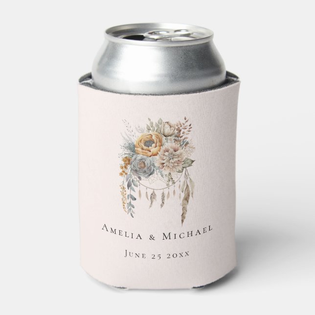 Boho Flower Bouquet and Dreamcatcher Wedding Can Cooler (Can Front)