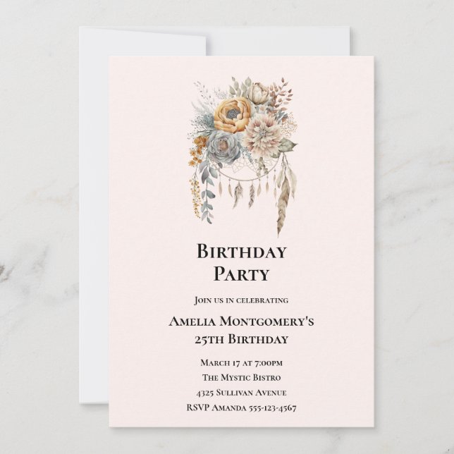 Boho Flower Bouquet in Neutral Colours Birthday Invitation (Front)