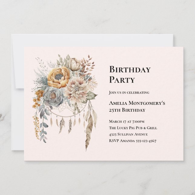 Boho Flower Bouquet in Neutral Colours Birthday Invitation (Front)