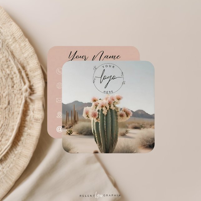 Boho | Flower Cactus | Aesthetic  Square Business Card (Creator Uploaded)