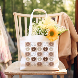 Boho Flower Checkered Tote Bag
