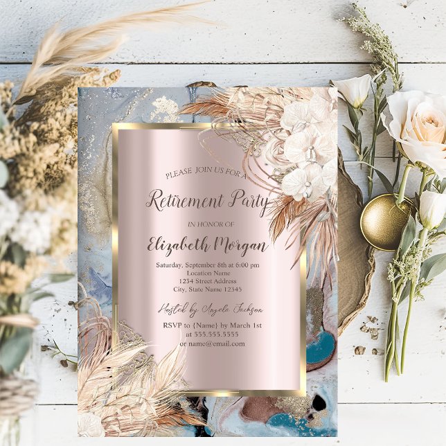 Boho Flower Gold Frame,Rose Gold,Marble Retirement Invitation (Creator Uploaded)