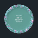 Boho Flower Groovy Green Bridal Shower Custom Paper Plate<br><div class="desc">Bold bridal shower paper plates with retro bohemian style floral mandala motif pattern in teal green,  aqua blue,  and pink violet purple.</div>