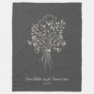 Boho Flower Line Art Drawing Personalised Names  Fleece Blanket