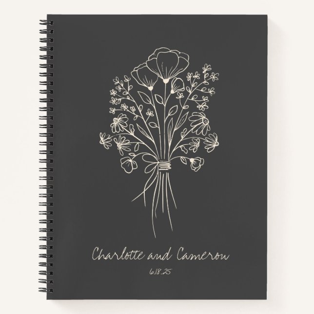 Boho Flower Line Art Drawing Personalised Wedding Notebook (Front)