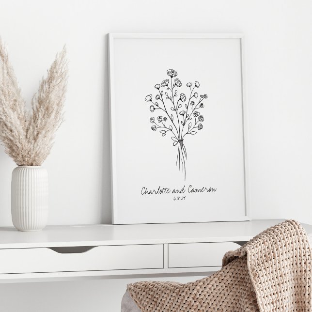 Boho Flower Line Art Drawing Personalised Wedding Poster (Creator Uploaded)