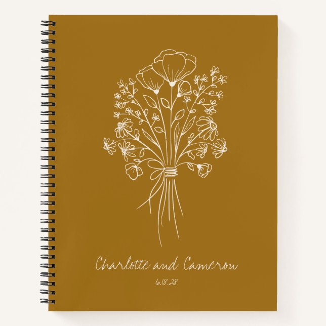 Boho Flower Line Art Personalised Wedding Mustard Notebook (Front)