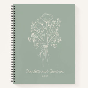 Boho Flower Line Art Personalised Wedding Sage Notebook