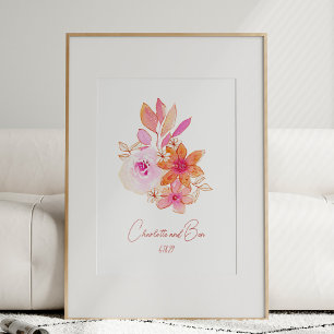 Boho Flower Pink Watercolor Personalised Wedding Poster