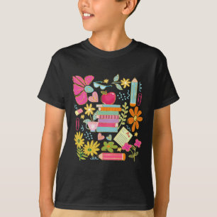 Boho Flower Teacher Book Apple Pencil Funny Back T T-Shirt
