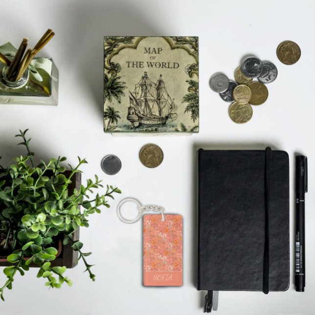 Boho flower watercolor pattern name yellow orange  key ring (Creator Uploaded)