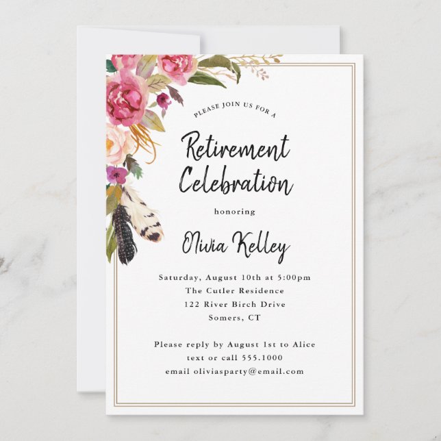 Boho Flowers and Feathers Rustic Retirement Party Invitation (Front)
