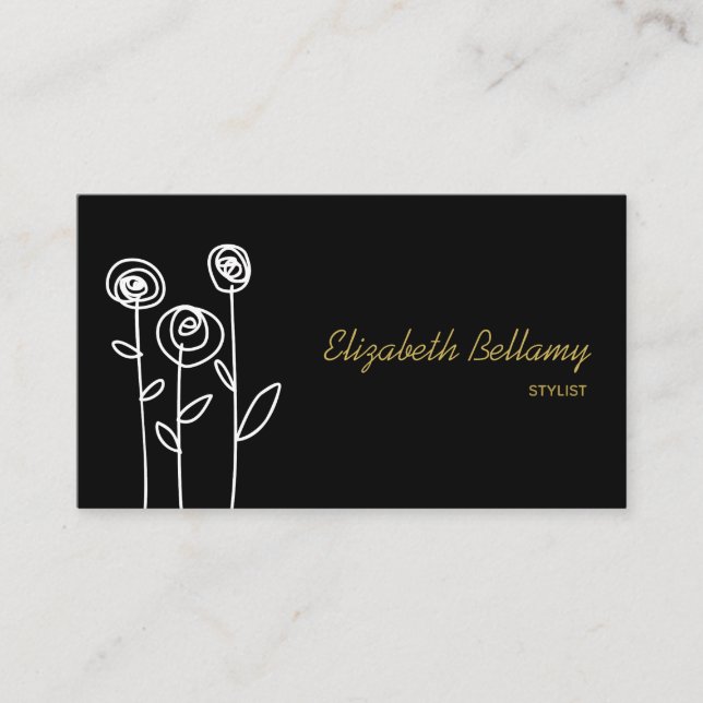 Boho Flowers Black and White Minimalist Business Card (Front)