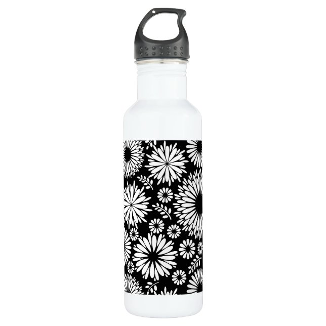 Boho flowers Black and White vector floral pattern 710 Ml Water Bottle (Front)