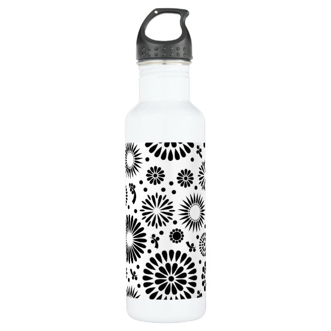 Boho flowers Black and White vector floral pattern 710 Ml Water Bottle (Front)