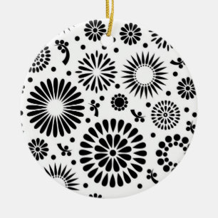 Boho flowers Black and White vector floral pattern Ceramic Tree Decoration
