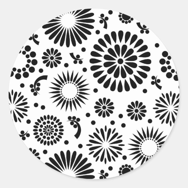 Boho flowers Black and White vector floral pattern Classic Round Sticker (Front)