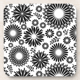 Boho flowers Black and White vector floral pattern Coaster