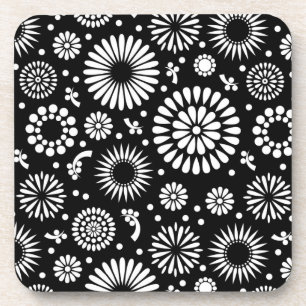 Boho flowers Black and White vector floral pattern Coaster