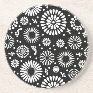 Boho flowers Black and White vector floral pattern Coaster