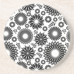 Boho flowers Black and White vector floral pattern Coaster