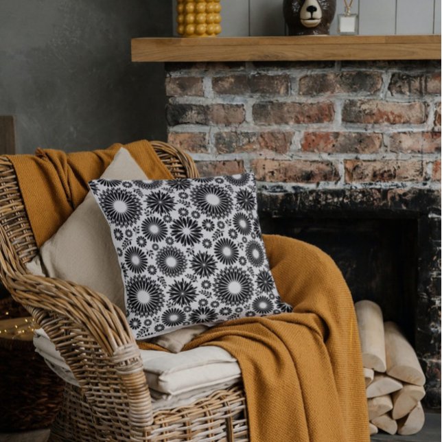 Boho flowers Black and White vector floral pattern Cushion (Creator Uploaded)