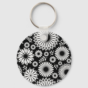 Boho flowers Black and White vector floral pattern Key Ring
