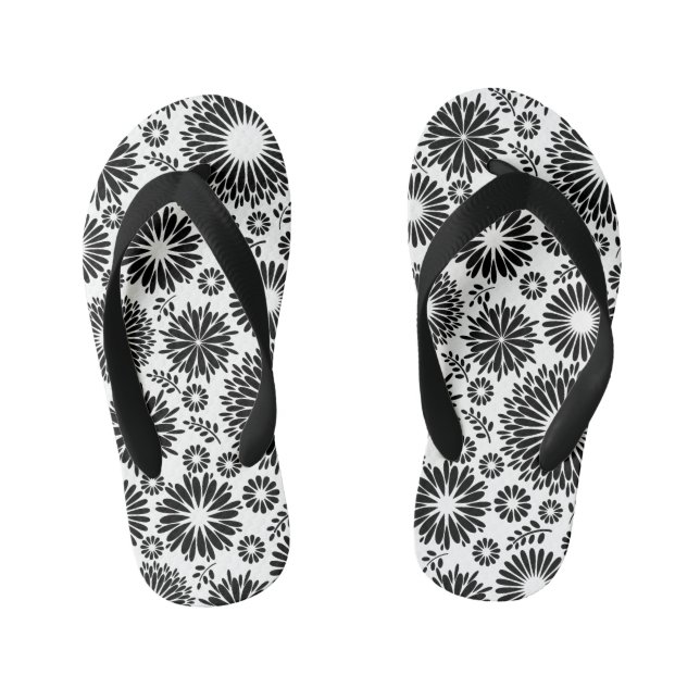 Boho flowers Black and White vector floral pattern Kid's Jandals (Footbed)