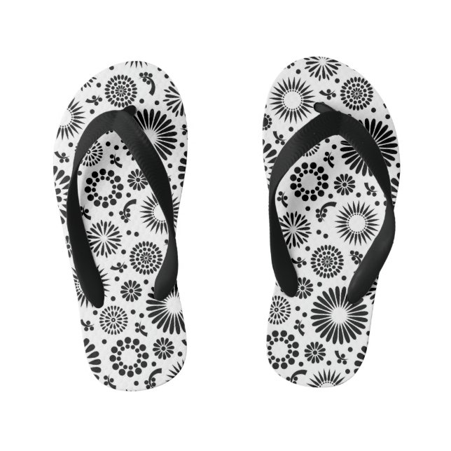 Boho flowers Black and White vector floral pattern Kid's Jandals (Footbed)