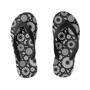 Boho flowers Black and White vector floral pattern Kid's Jandals