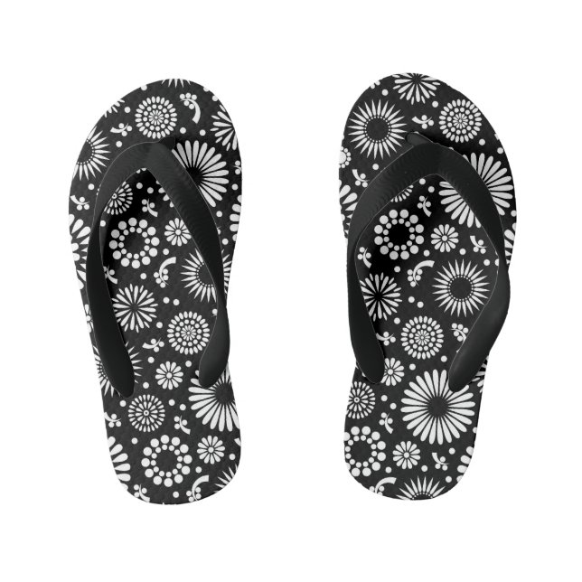 Boho flowers Black and White vector floral pattern Kid's Jandals (Footbed)