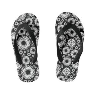 Boho flowers Black and White vector floral pattern Kid's Jandals
