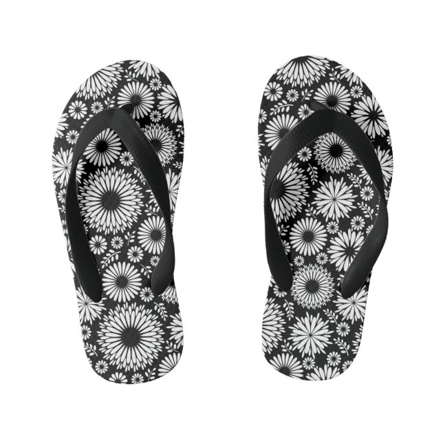 Boho flowers Black and White vector floral pattern Kid's Jandals (Footbed)