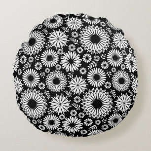 Boho flowers Black and White vector floral pattern Round Cushion