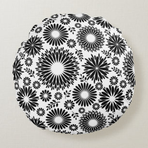 Boho flowers Black and White vector floral pattern Round Cushion