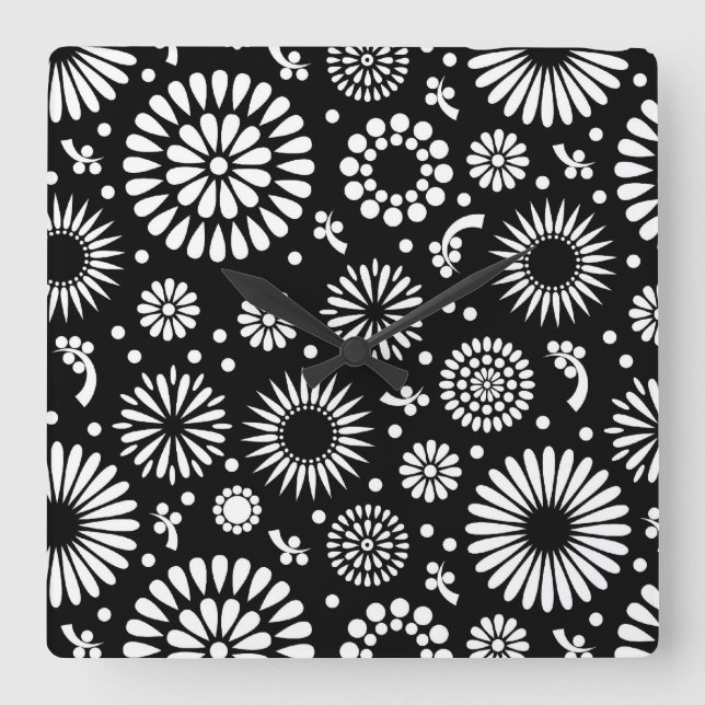 Boho flowers Black and White vector floral pattern Square Wall Clock (Front)