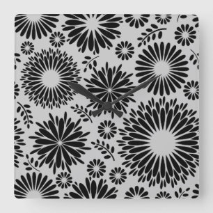 Boho flowers Black and White vector floral pattern Square Wall Clock