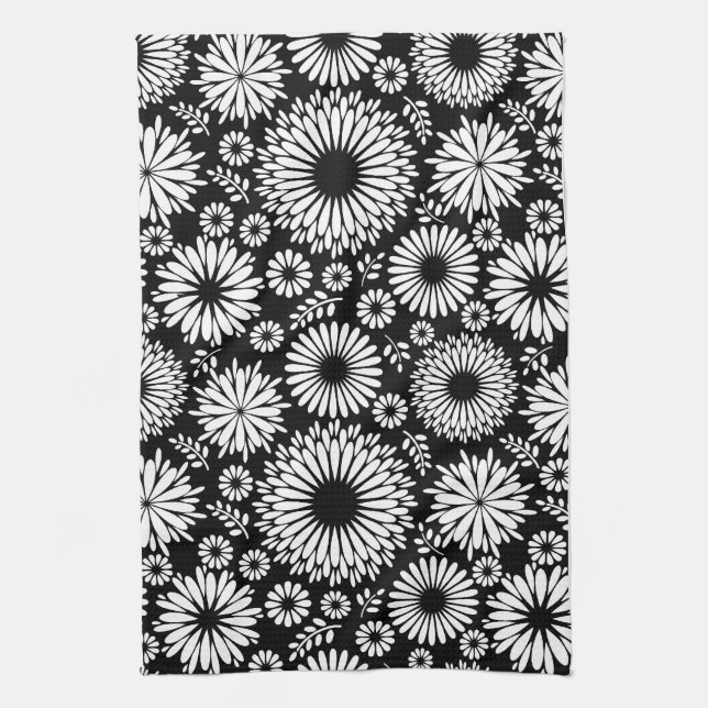 Boho flowers Black and White vector floral pattern Tea Towel (Vertical)