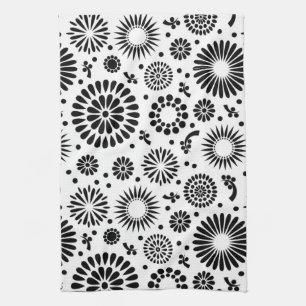 Boho flowers Black and White vector floral pattern Tea Towel
